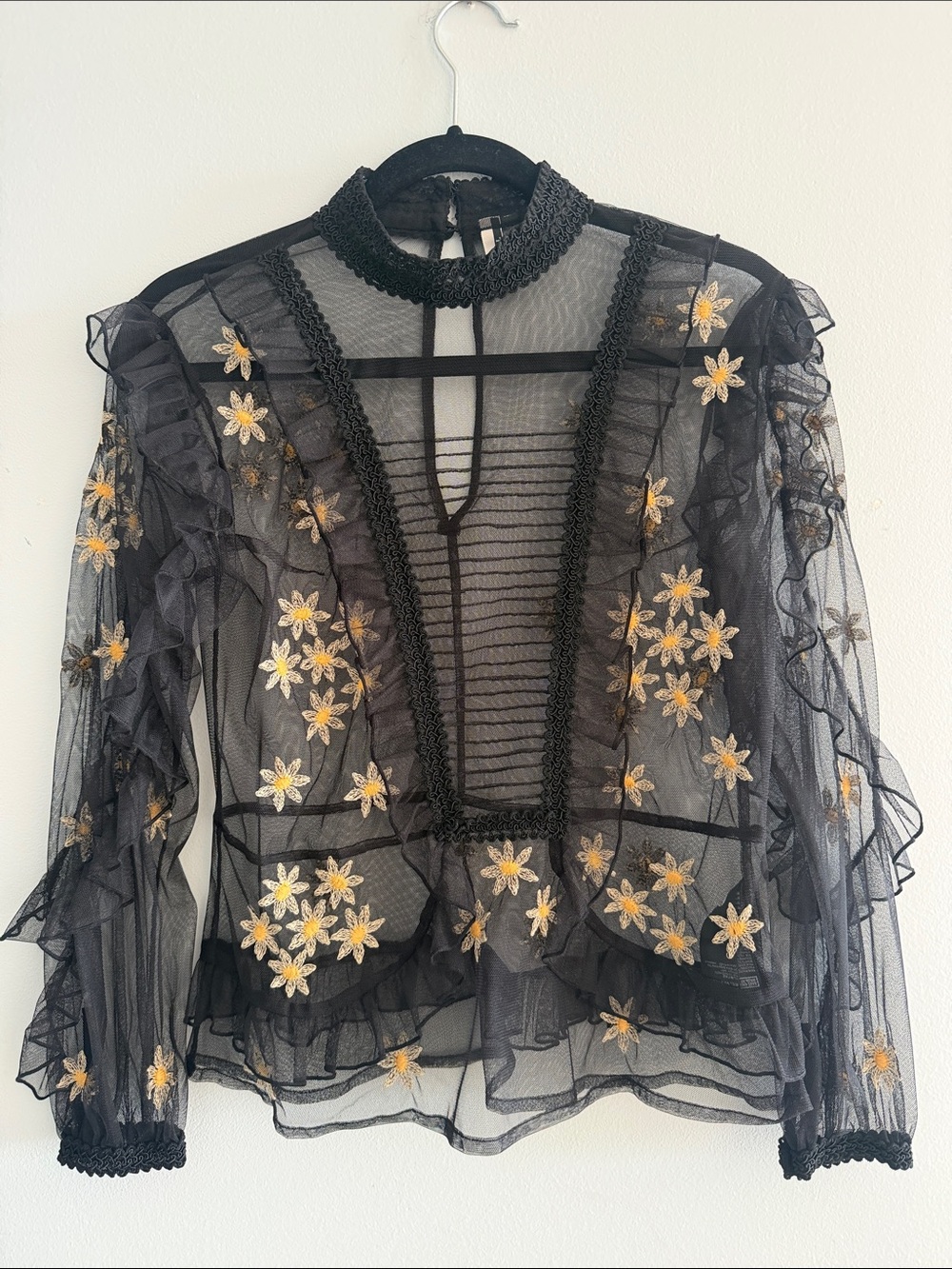 Topshop Black Sheer Floral Embroidered Ruffle Blouse